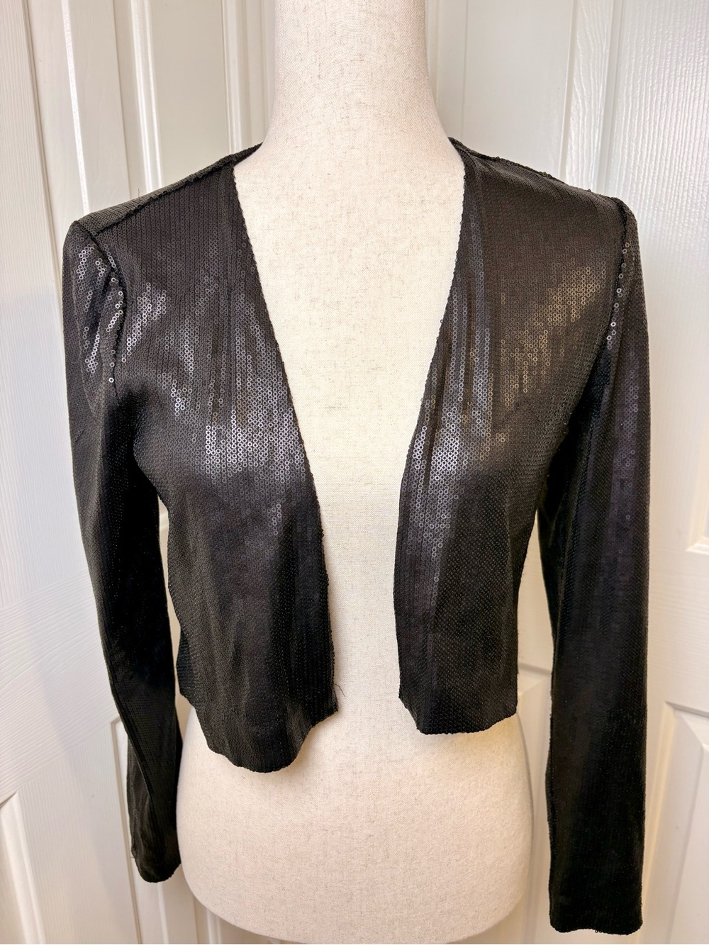 Vintage Y2K Cache Black Micro-Sequin Cropped Jacket Goth Glam Party Small